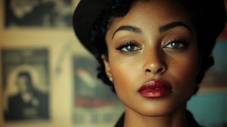 A woman with rich dark curls and piercing blue eyes gazes intensely at the viewer. Her bold red lips and flawless skin complement the retro environment adorned with old posters and warm lighting.の素材