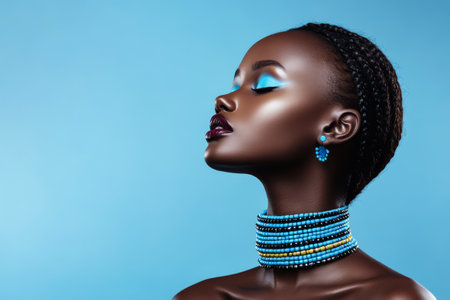 A woman poses gracefully with her profile highlighted against a bright blue background. Her bold blue eyeshadow and matching accessories enhance her natural beauty.の素材
