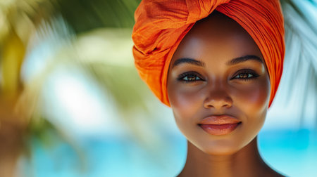 A woman with a warm smile poses confidently in a tropical environment wearing a vibrant orange headwrap. The sun reflects off her skin while lush greenery surrounds her.の素材