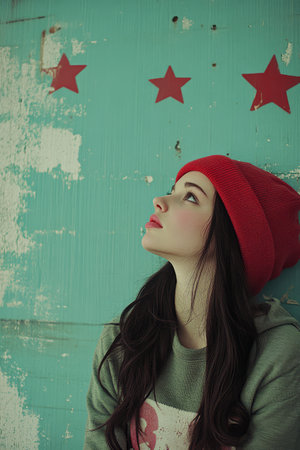 A young woman wearing a red beanie and a gray hoodie looks up thoughtfully while leaning against a textured blue wall adorned with red stars. The atmosphere is calm and introspective.の素材