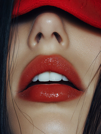 Close-up of a woman's lips adorned with striking red lipstick while her eyes are hidden beneath a vivid red fabric. The focus is on the vibrant colors and smooth texture creating a bold aesthetic.の素材