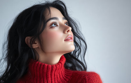 A young woman with long dark hair looks up with a pensive expression in a softly lit environment. She wears a cozy red sweater creating a warm atmosphere.の素材