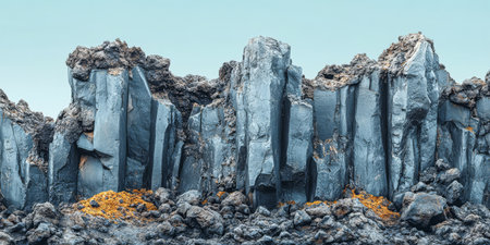 Striking rock formations rise dramatically revealing sharp edges and a mix of grey and earthy tones. The vibrant colors contrast sharply with the clear sky creating a captivating natural display.の素材
