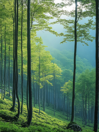 Morning mist surrounds serene forest filled with tall trees and vibrant green leaves. Sunlight filters through creating a tranquil atmosphere unique to early hours of the day.の素材