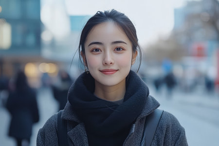 A young woman stands confidently in a busy city environment with a warm smile dressed in a cozy winter coat and scarf. The backdrop features blurred figures of pedestrians and modern buildings.の素材