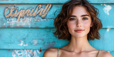 A young woman with wavy hair stands in front of a colorful blue wall displaying a relaxed smile. The bright background contrasts beautifully with her natural beauty creating an inviting atmosphere.の素材
