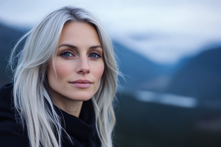 A woman with long light hair gazes thoughtfully into the distance against a stunning mountainous backdrop. The soft twilight light enhances her serene expression.の素材
