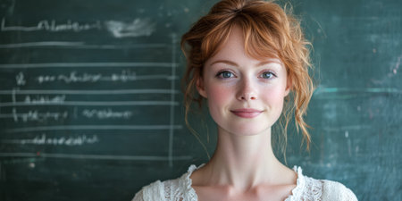 A young woman with curly red hair stands confidently in front of a chalkboard filled with notes and diagrams. She offers a warm inviting smile suggesting a lively educational environment.の素材