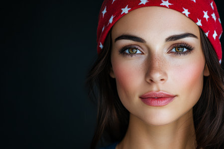 A young woman gazes directly at the camera with a confident expression. She wears a red headband adorned with white stars accentuating her striking features and natural beauty.の素材