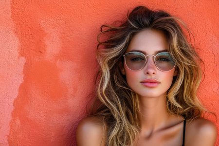 A young woman stands confidently wearing fashionable sunglasses and displaying natural beauty.の素材