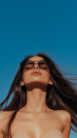 A woman stands outdoors tilting her head back with eyes closed wearing stylish sunglasses. Her long hair flows gently in the breeze under the bright blue sky radiating a carefree vibe.の素材