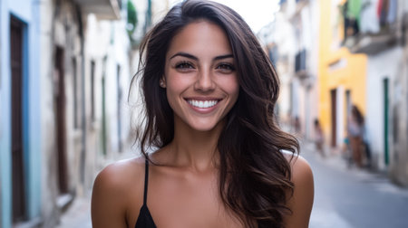 A woman with long hair smiles brightly while standing in a vibrant alley filled with colorful buildings. Sunlight enhances her joyful demeanor in this lively urban environment.の素材