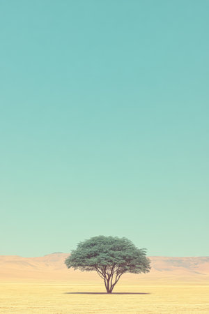 A lone tree is prominently featured in a wide desert landscape surrounded by yellow sands and bathed in bright sunlight. The sky above is a clear blue creating a serene atmosphere.の素材