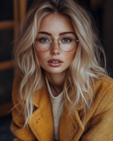 A young woman with long wavy blonde hair and glasses is captured in a warm indoor space. She exudes a confident yet relaxed vibe wearing a mustard-colored coat over a light sweater.の素材