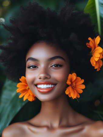 A joyful young woman with vibrant natural hair and orange flower earrings smiles brightly against a backdrop of green leaves. The scene captures warmth and natural beauty.の素材