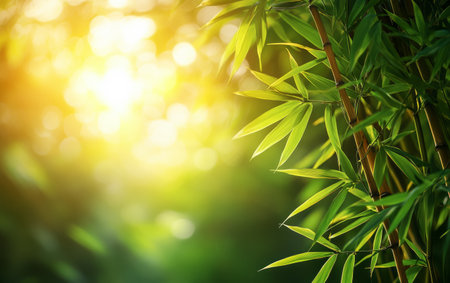 Sunlight filters through vibrant bamboo leaves creating a serene atmosphere. The gentle glow enhances the rich green hues showcasing the beauty of nature in a peaceful setting.の素材