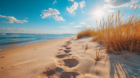Footprints are imprinted in the soft sand of a serene beach. Gentle waves lap at the shore under a clear blue sky with tall grass swaying in the breeze.の素材