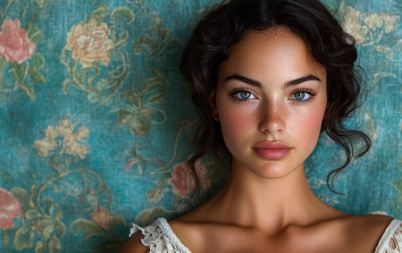 A young woman with natural beauty and clear skin stares directly at the viewer. Her dark hair frames her face and a vintage floral pattern serves as the backdrop creating an intimate atmosphere.の素材