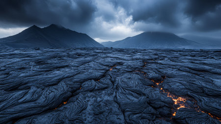 The rugged terrain showcases a vast expanse of hardened lava flow illuminated by glowing fissures.の素材