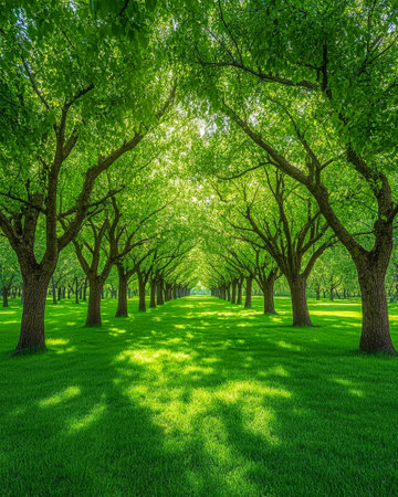 A beautiful pathway is lined with vibrant green trees their leaves illuminated by bright sunlight.の素材