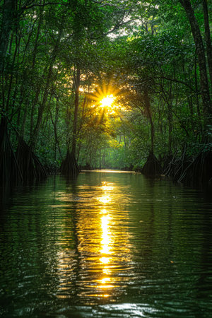 A pristine river winds through dense mangrove trees as the sun sets casting a warm glow on the water's surface. The scenery exudes tranquility and natural beauty.の素材