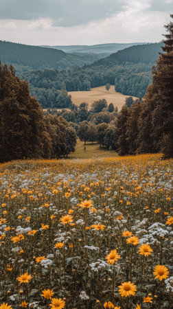 A breathtaking view of a valley filled with wildflowers showcasing yellow blooms among white flowers. Rolling hills stretch in the background under a cloudy sky.の素材