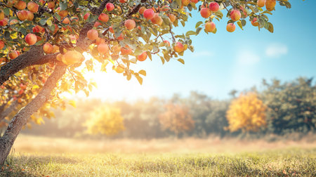 Sunlight filters through branches of a lush apple tree highlighting ripe fruit ready for harvest. The orchard setting showcases rows of colorful autumn foliage in the background.の素材