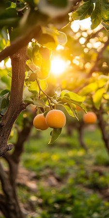 Ripe oranges hang from branches in a lush orchard. The warm sunlight creates a glowing ambiance as it sets illuminating the vibrant leaves and fruits against a serene backdrop.の素材