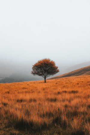 A solitary tree stands majestically in a golden grass field against a backdrop of misty hills.の素材