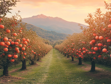 Rows of apple trees laden with ripe fruit stretch toward majestic mountains under a warm sunset. The landscape is lush and inviting creating a peaceful atmosphere for harvest.の素材