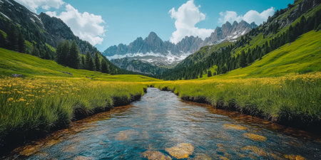 A beautiful valley features a clear stream running through green grass and wildflowers. Towering mountains rise in the background with fluffy clouds floating above in a blue sky.の素材