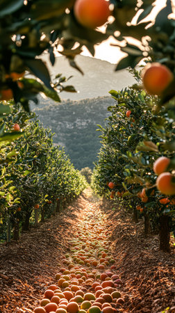 Rows of orange trees display vibrant fruit while bright sunlight filters through the leaves. The ground is covered with fallen oranges showcasing a bountiful harvest in a serene countryside.の素材