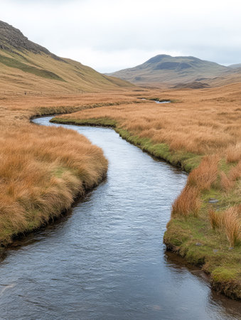 A winding river gently flows through a vast expanse of golden grass under a cloudy sky. Majestic hills rise in the background adding to the serene beauty of this tranquil valley.の素材