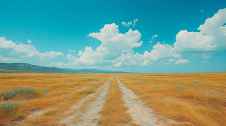 Golden grass covers the field stretching endlessly towards the horizon. A dusty road meanders through the landscape leading to rolling hills under a bright blue sky adorned with fluffy white clouds.の素材