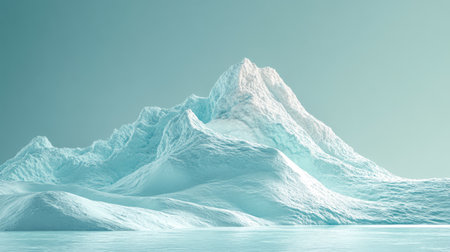 A large iceberg resembling a mountain towers over calm ocean waters. The soft sunlight creates a serene atmosphere highlighting the iceberg's icy textures and stunning formation.の素材