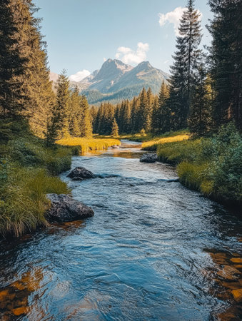 A winding river flows through a lush landscape bordered by dense trees and rolling hills. Majestic mountains rise in the background under a clear blue sky creating a peaceful environment.の素材