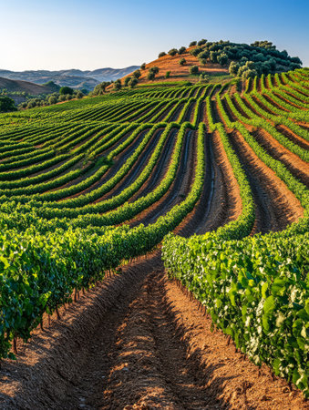 Lush green vines stretch across rolling hills under a vibrant sky. The sun casts a warm glow over the landscape highlighting the organized rows of grapevines in the vineyard.の素材