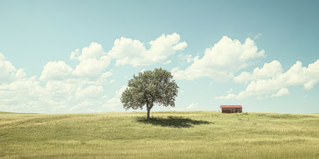 A large green tree grows beside a quaint house in a wide field filled with grass. Puffy clouds drift lazily across a bright blue sky creating a serene rural landscape.の素材