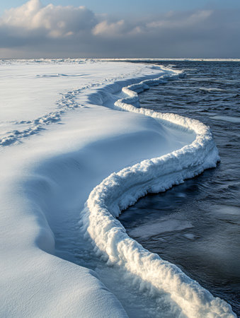 Snow and ice create a winding border along the dark water edge reflecting the overcast sky during winter. The contrast enhances the serene yet rugged natural beauty of the landscape.の素材