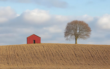 A red barn sits prominently on a gentle hill surrounded by a vast field. A leafless tree stands nearby under a cloudy sky creating a peaceful rural atmosphere.の素材