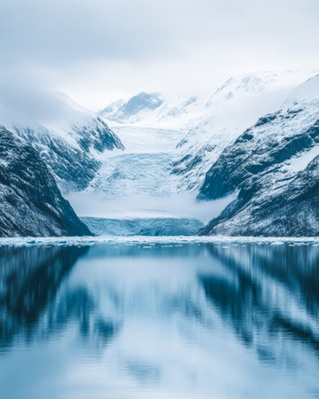 Snow-capped mountains frame a tranquil expanse of water reflecting the looming glacier. The serene atmosphere captures the beauty of nature in a remote icy landscape.の素材