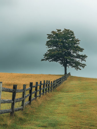 A lone tree rises next to a rustic wooden fence in a tranquil grassy field with muted clouds hanging overhead creating a serene and expansive atmosphere in nature.の素材