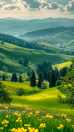 Rolling green hills are adorned with vibrant yellow flowers as sunlight breaks through the clouds. A tranquil valley and distant mountains create a picturesque landscape during springtime.の素材