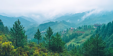 A serene landscape showcases rolling green hills shrouded in mist revealing a remote village nestled among the trees in the early morning light. The tranquility of nature is evident.の素材