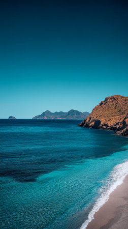 A serene coastal view showcases clear turquoise waters gently lapping against a sandy beach framed by rugged hills on one side with distant mountains visible under a bright blue sky.の素材