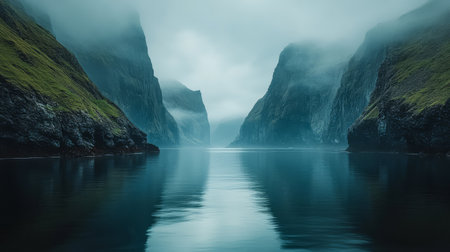 Majestic fjords rise above tranquil waters shrouded in mist. The scene evokes a sense of peace showcasing nature's beauty on a cloudy day in a remote location.の素材