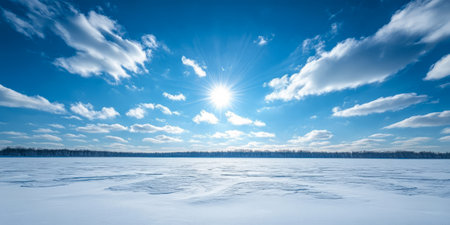 A clear blue sky is filled with soft clouds as sunlight reflects off the snow-covered ground. The vast frozen landscape stretches into the distance creating a serene winter atmosphere.の素材