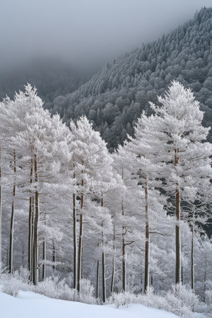 In a quiet winter landscape tall trees are blanketed in frost creating a stunning contrast against the misty mountains. The serene atmosphere captures the beauty of nature in its coldest season.の素材
