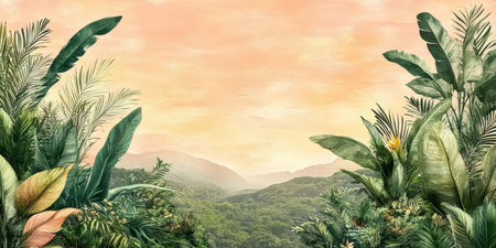 Vibrant greenery fills the foreground capturing various tropical plants as the sun sets behind distant mountains. Warm colors blend into a peaceful sky creating a serene atmosphere.の素材