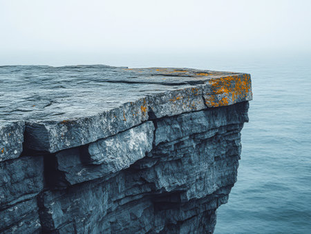 A rugged cliff edge juts out over a calm ocean its surface adorned with patches of lichen. The early morning light creates a serene atmosphere enhancing the natural beauty.の素材
